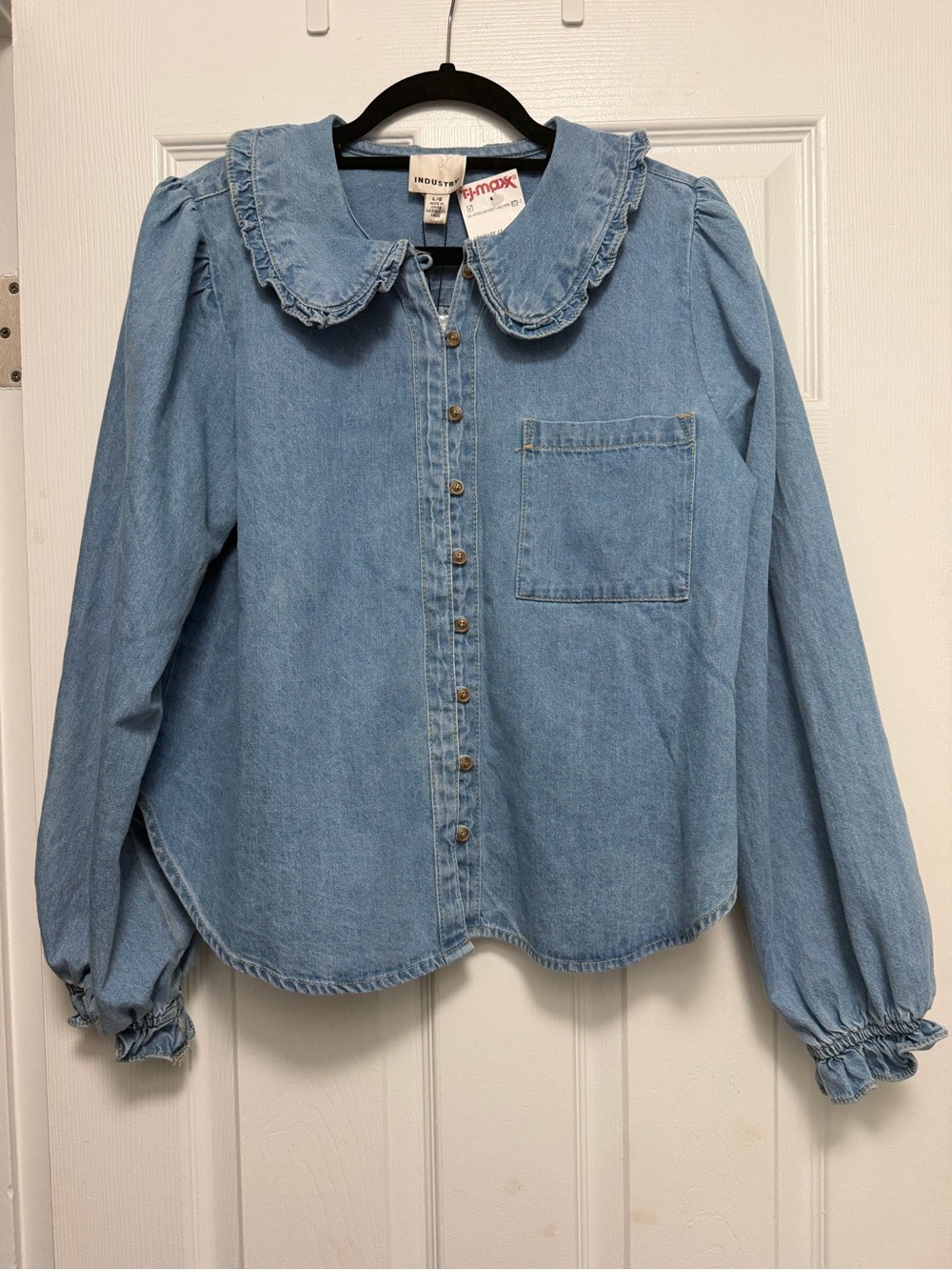 Light Blue Denim Blouse with Ruffle Collar